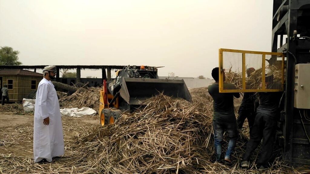 Home Palm fronds fed into a baling press with a loader at the yard