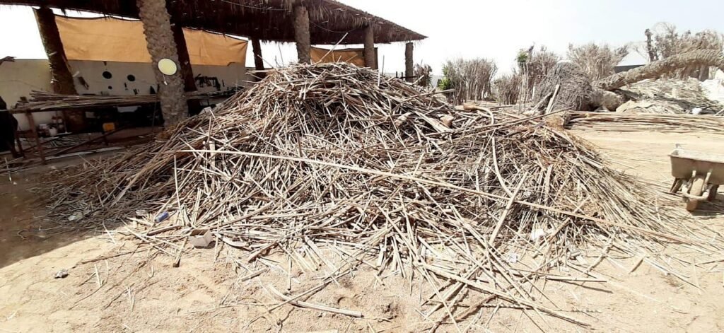 About Stripped palm midribs gathered at the workshop yard
